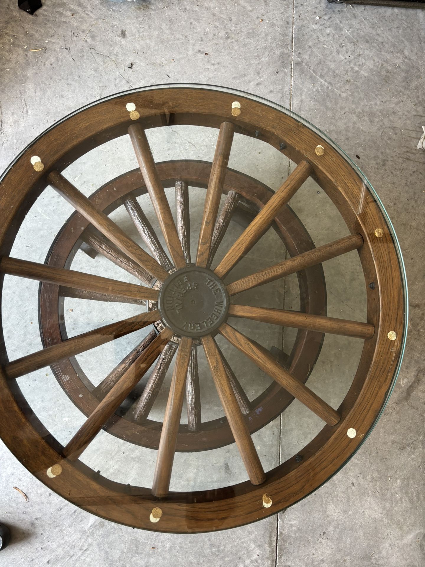 Antique Wood / Steel Wagon Wheel Coffee Table H 19 / 35 D