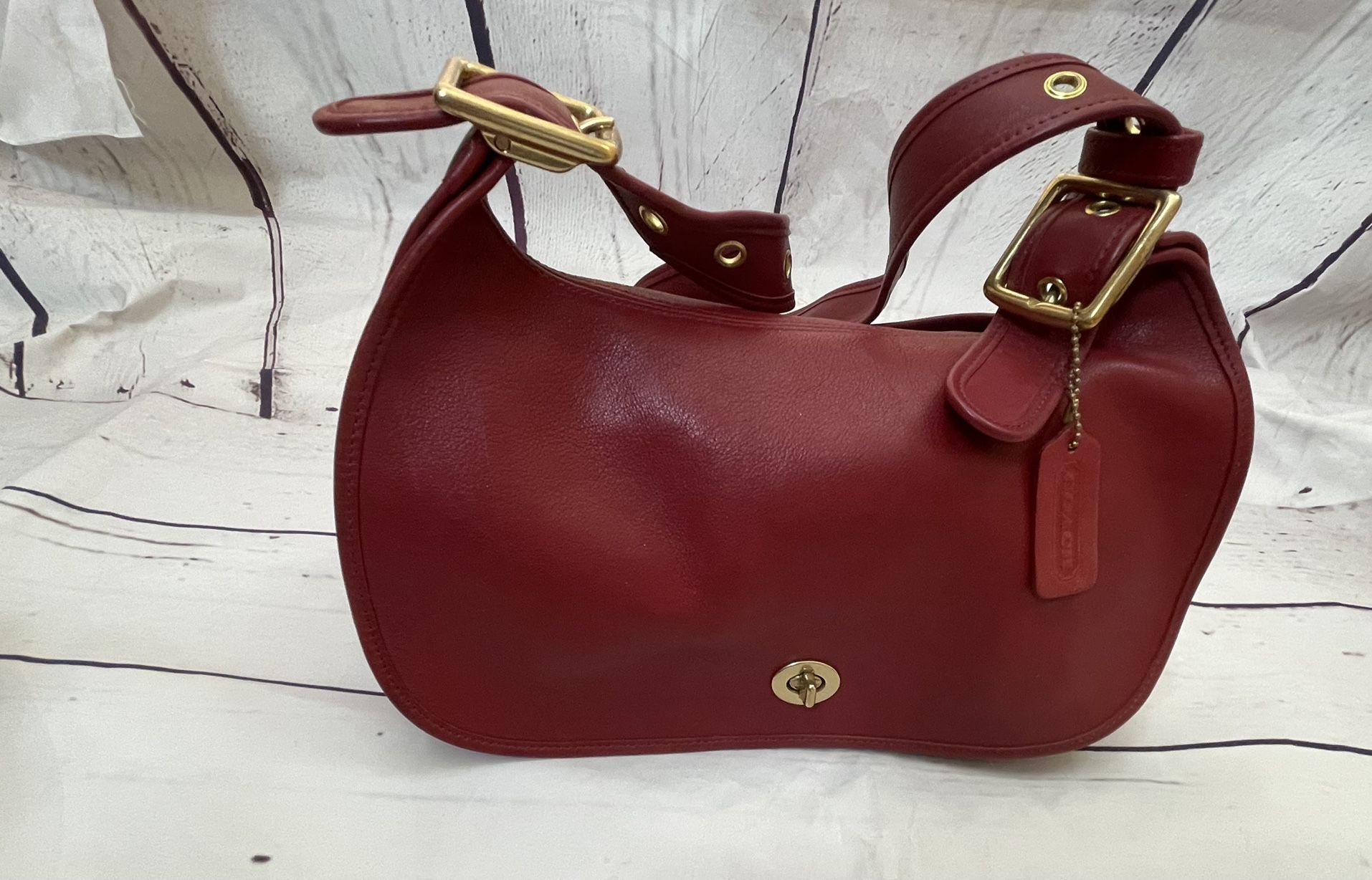 Coach Bleecker Legacy 9338 Red Leather Crescent Saddle Shoulder Bag Turnlock.