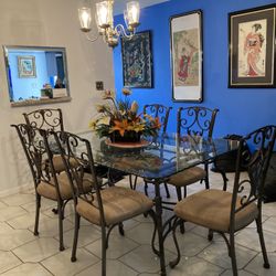 Glass And Wrought Iron Dining Table & 6 Chairs