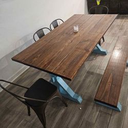 Custom dining room table with bench and 4 chairs. Dimensions are 6 feet by 3 feet 