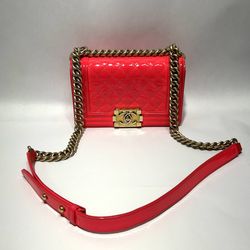 CHANEL small  Boy Flap Bag Neon Pink Leather Gold Hardware 100% Authentic