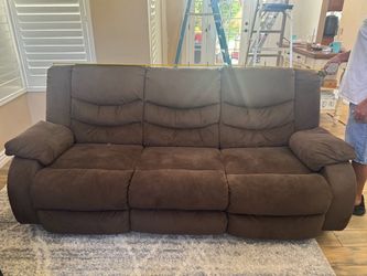 Brown Microfiber Reclining Sofa & Round Tables