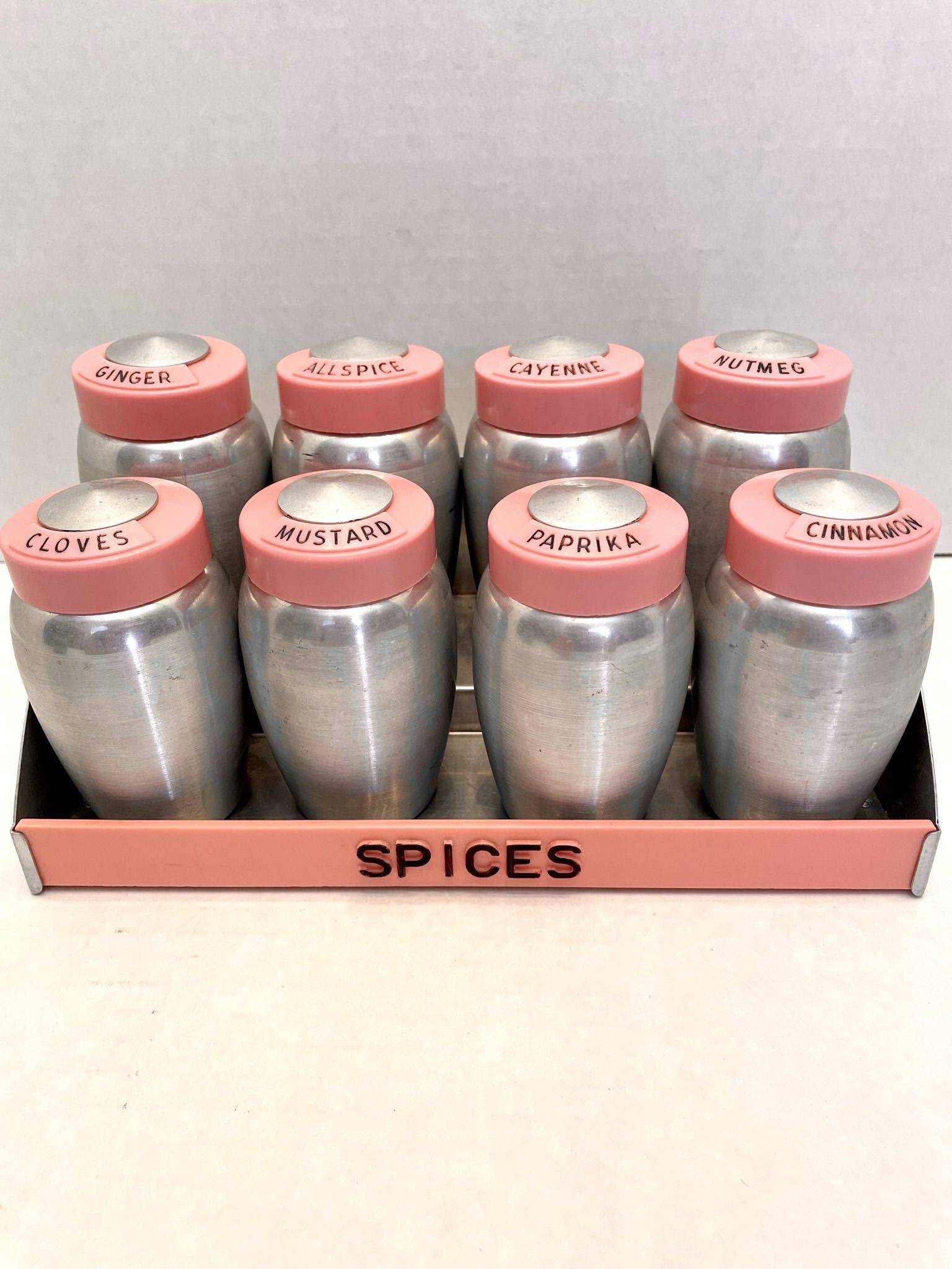 Kromex Pink Spice jars w/Rack, Super Rare, Vintage Mid Century Spice Jars