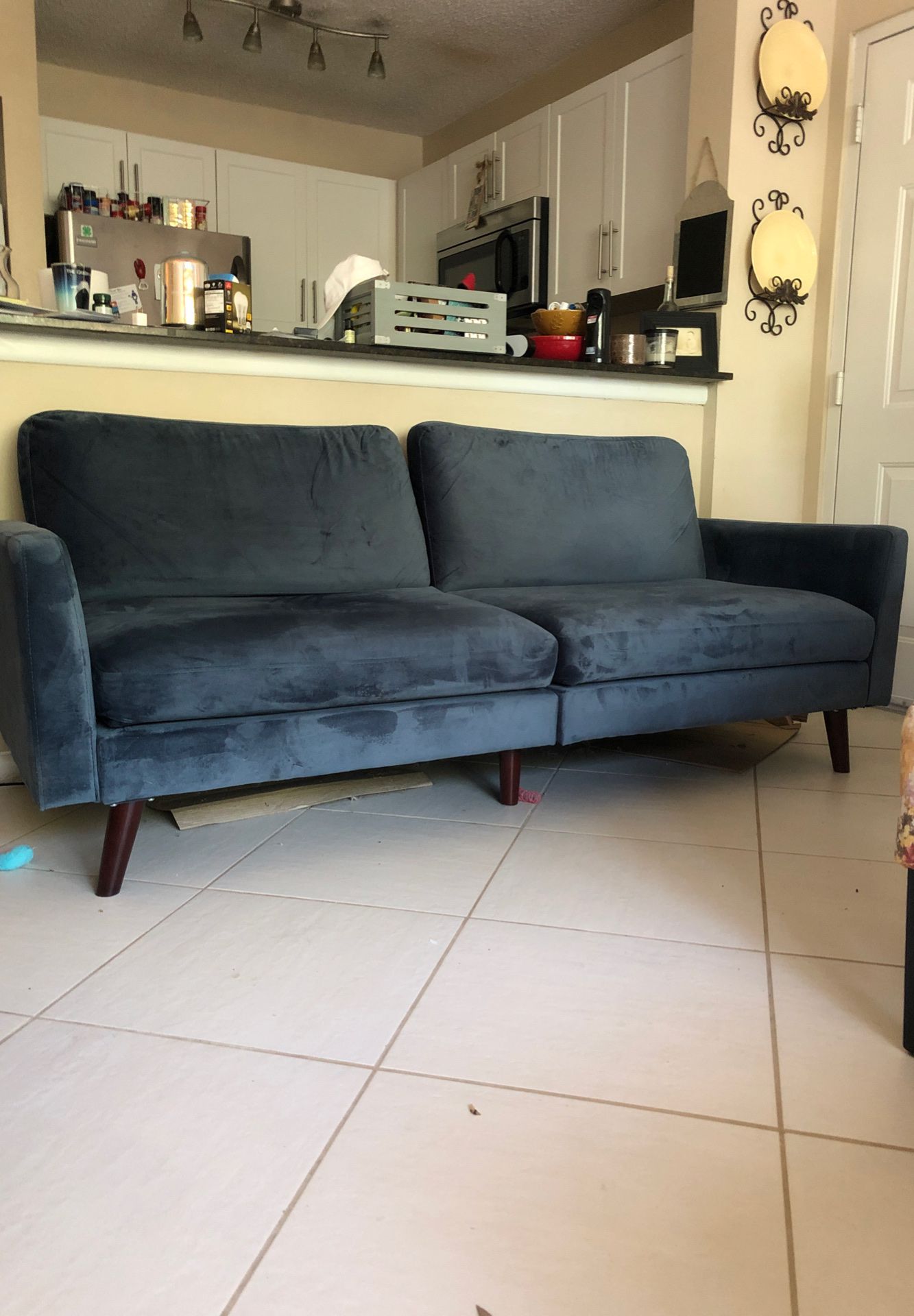 Blue velvet couch futon