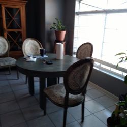 ANTIQUE TABLE AND 4 CHAIRS... BEAUTIFUL CHAIRS WITH SHABBY CHIC TABLE IS A SOFT SAGE GREEN