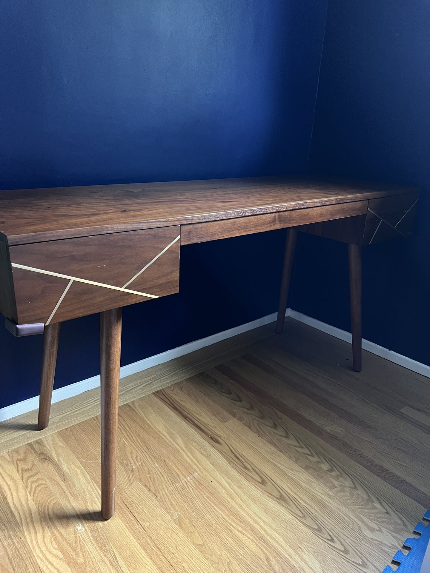 Mid-Century Walnut Wood & Brass Metal Inlay Desk
