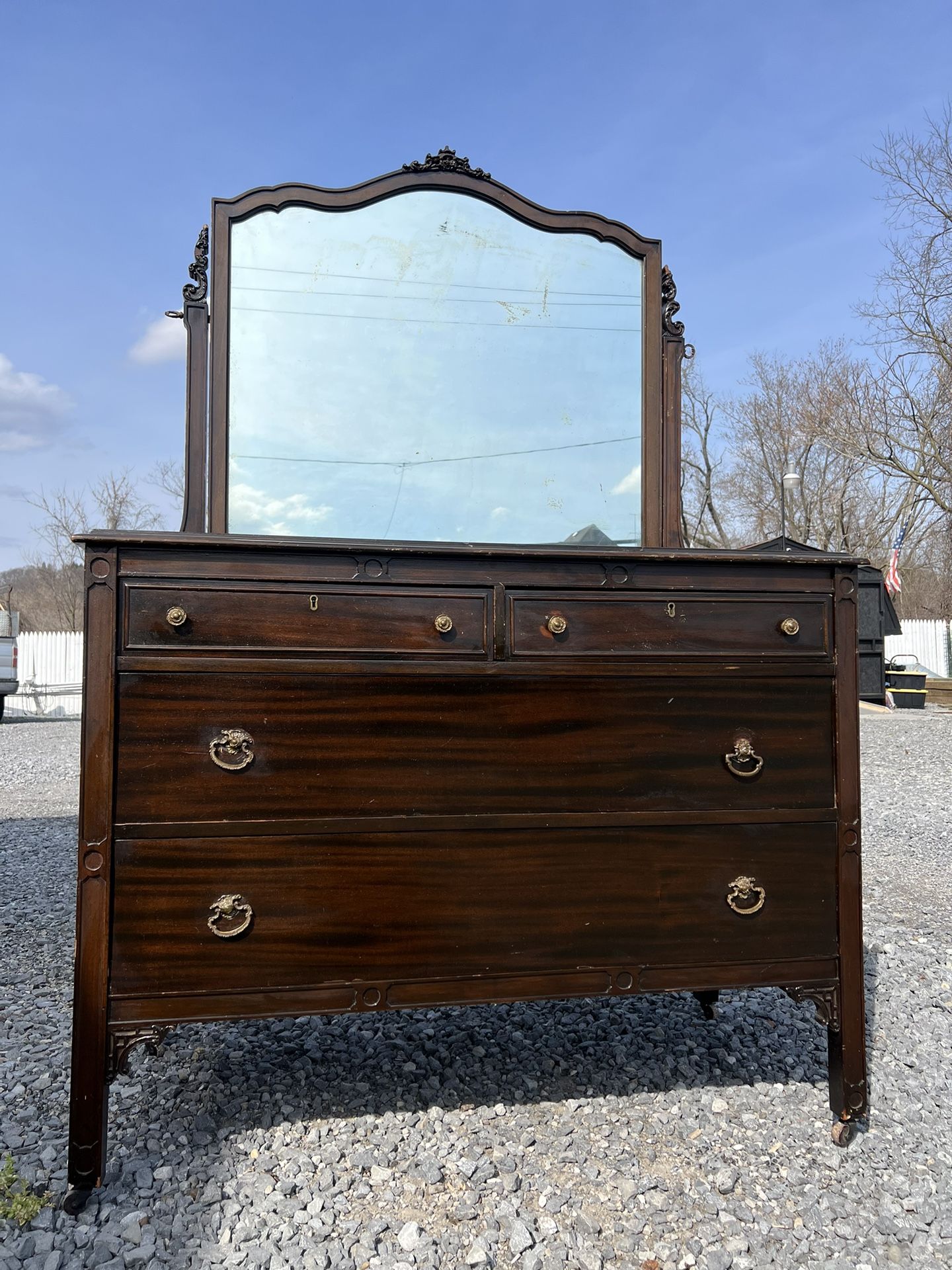 Dark Wood Antique Dresser And Mirror