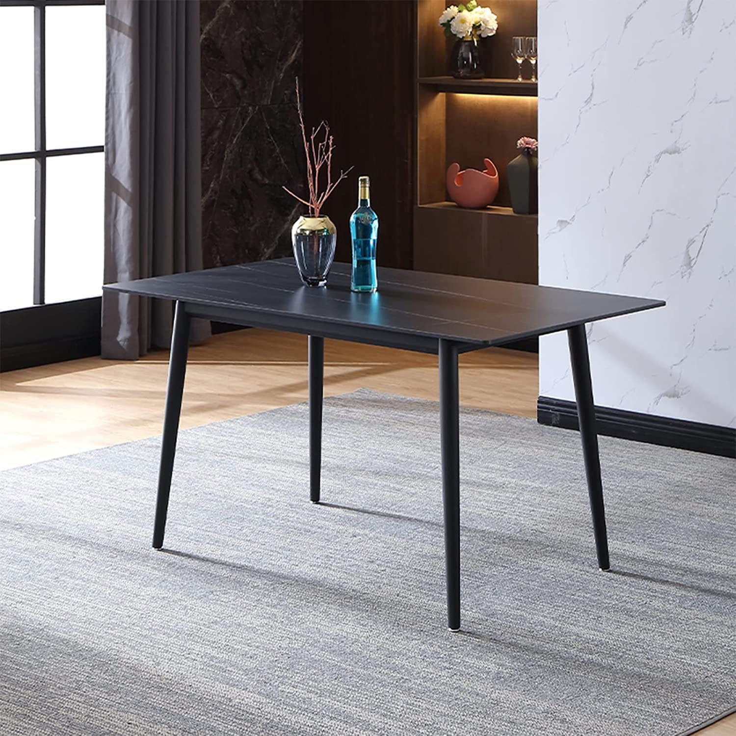 Dining Table, Modern Kitchen Table Set Top with Slate, Metal Base & Legs Very Stable, Dining Room Table and Chairs (Black, 1 Table)
