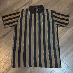 Yves Saint Laurent Pour Homme Silk Striped Polo Shirt Blue Gold XL Embroidered