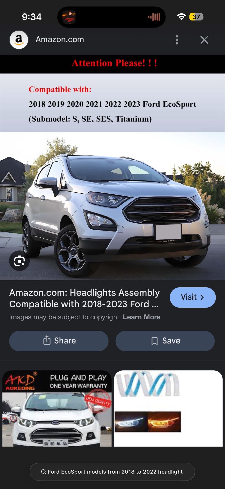 2018-2022 18 19 20 21 22 Ford EcoSport Headlight