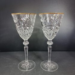 Vintage Set of 2 Cristal D'Arques- Gold Rim Wine Crystal Glass Stemware 9"
