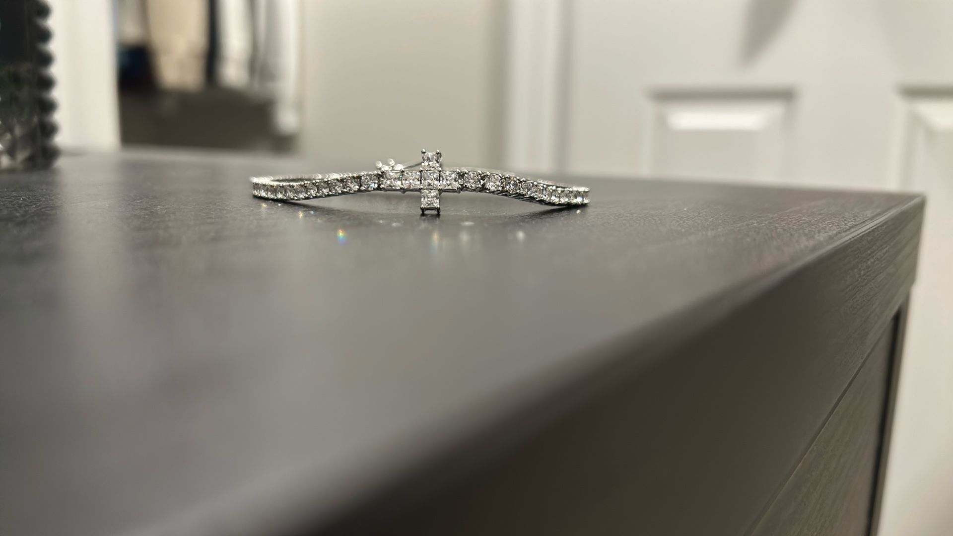 14k White Gold Plated/ 7”/ White Gold Cross Tennis Bracelet