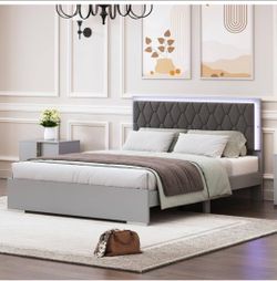 Gray queen bed frame platform with LED lighting