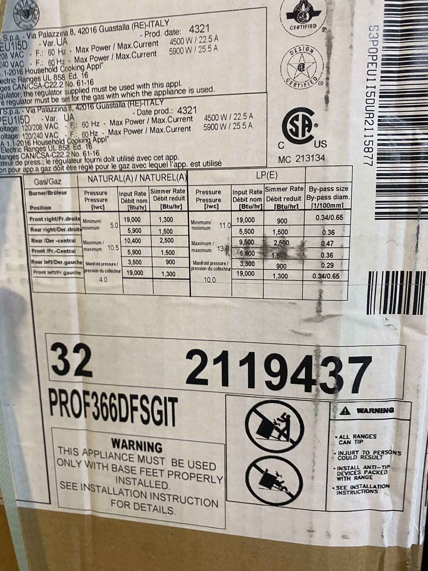 Bertazzoni 36” Dual Fuel Range - Electric Yellow