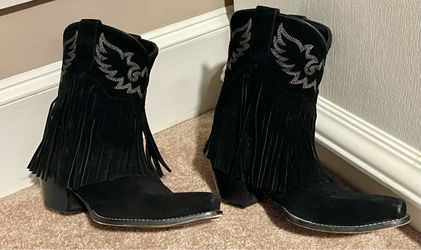 MYRA Black Suede Fringe Western Cowboy Boots
