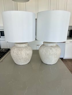 Stone Table Lamps with White Drum Shades (Pair)