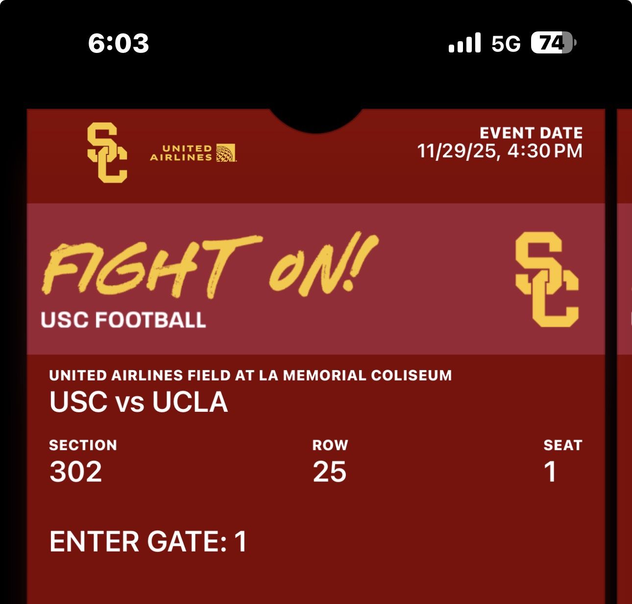 USC Vs UCLA Football Ticket 