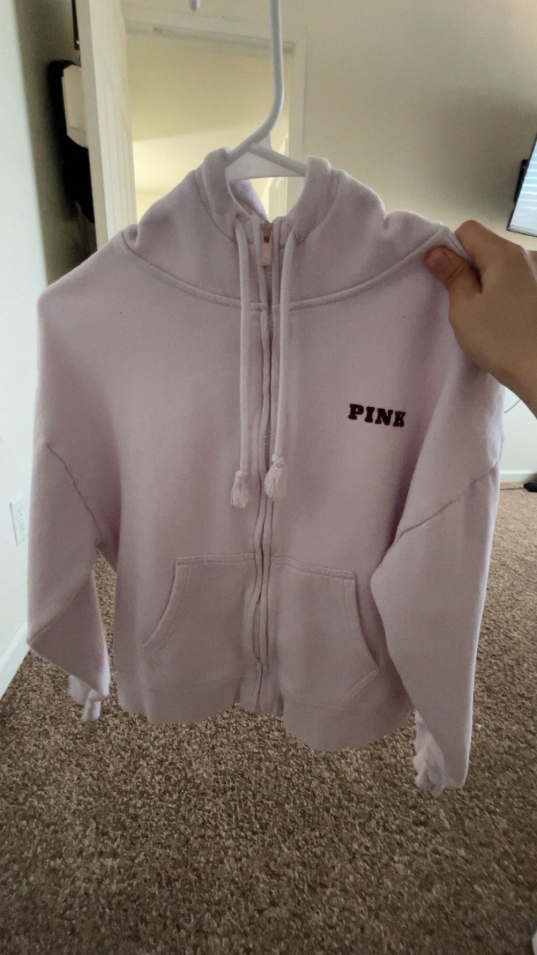 VS PINK Full Zip Lavender Hoodie – Chenille P Varsity Logo – Women’s XS