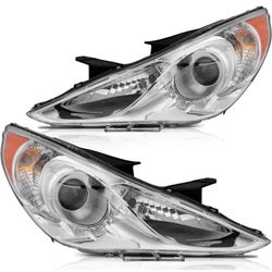 Headlight Assembly with Project For Hyundai Sonata 2011-2014 Chrome Housing Amber Reflector Clear Lens Driver and Passenger Side Headlamp