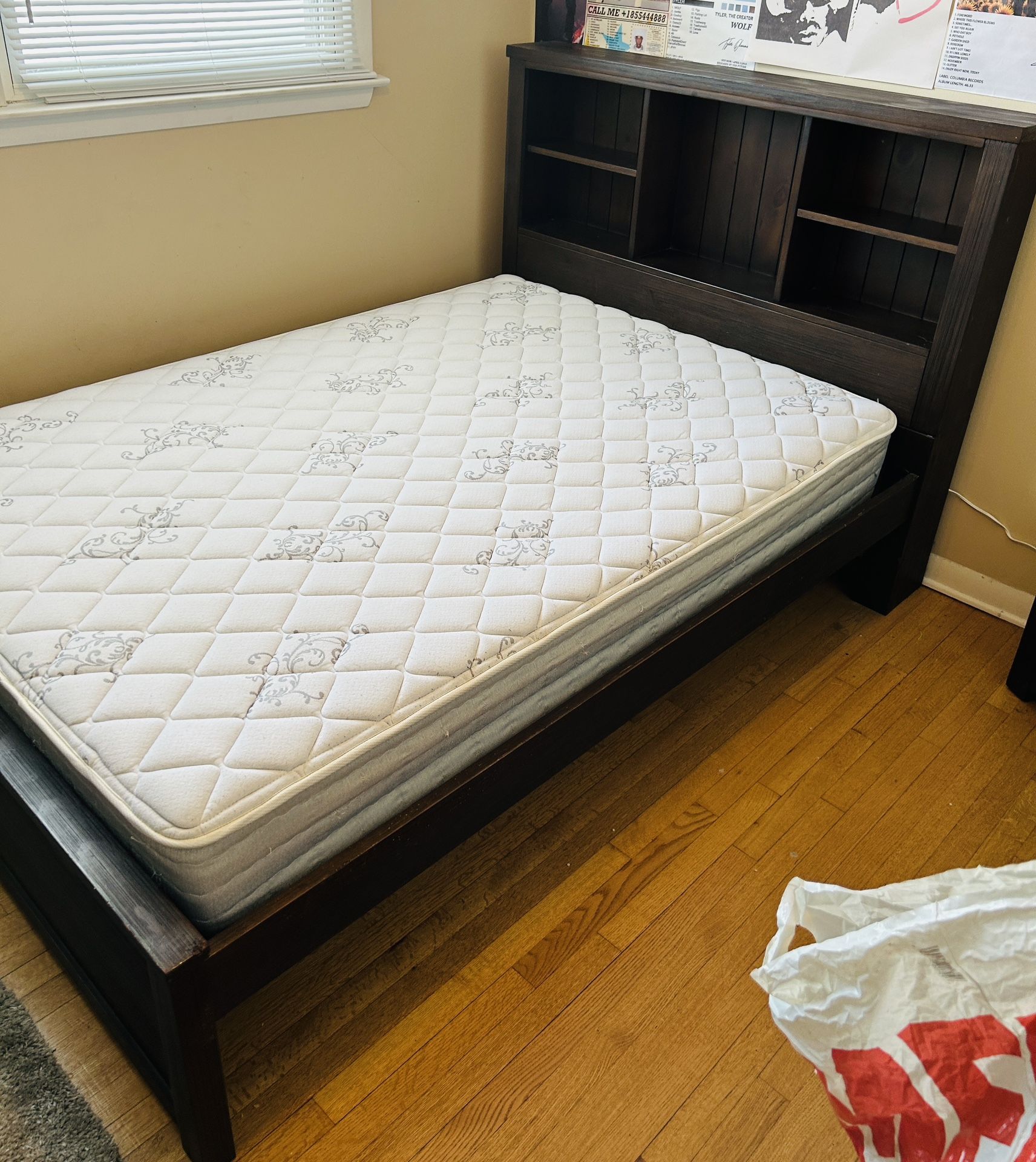 Full sized Bed frame and Bookshelf headboard Trundle Bed with mattress