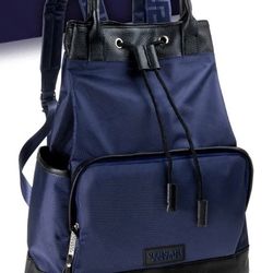 versace parfums mens backpack blue nylon leather new 16.5x16