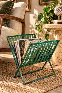 Vintage Mid Century Metal Magazine Rack Green Patina MCM