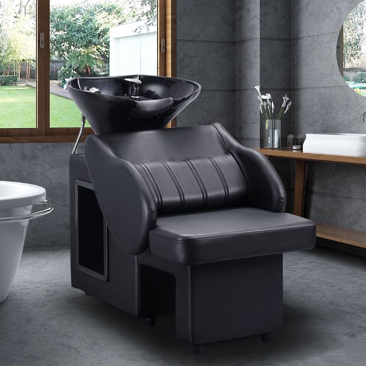 Shampoo Barber Backwash Chair, Adujustable Shampoo Bowl Sink for Spa Beauty Salon (Black)