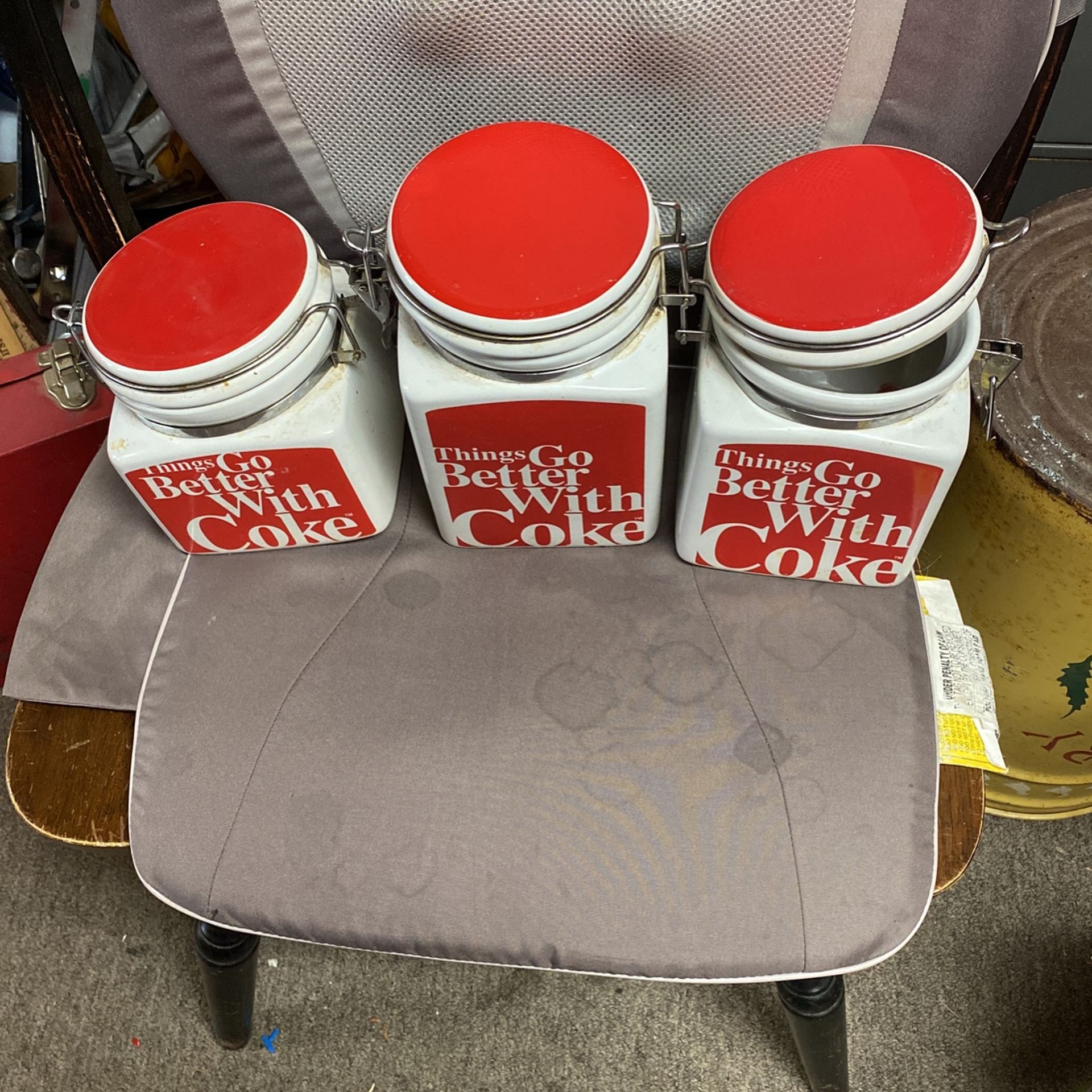 Coca Cola Canister Set Of 3. 5. By. 5. 1. 4 Inches Tall. 1 5 Inches Tall. 1 6 Inches Tall. No Cracks Or Chips. Like New