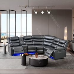 Black Leather New Sectional Reclining Speakers USB 