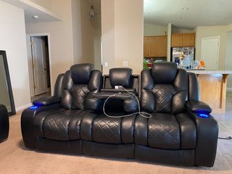 Black Leather Power Reclining Theater Sofa