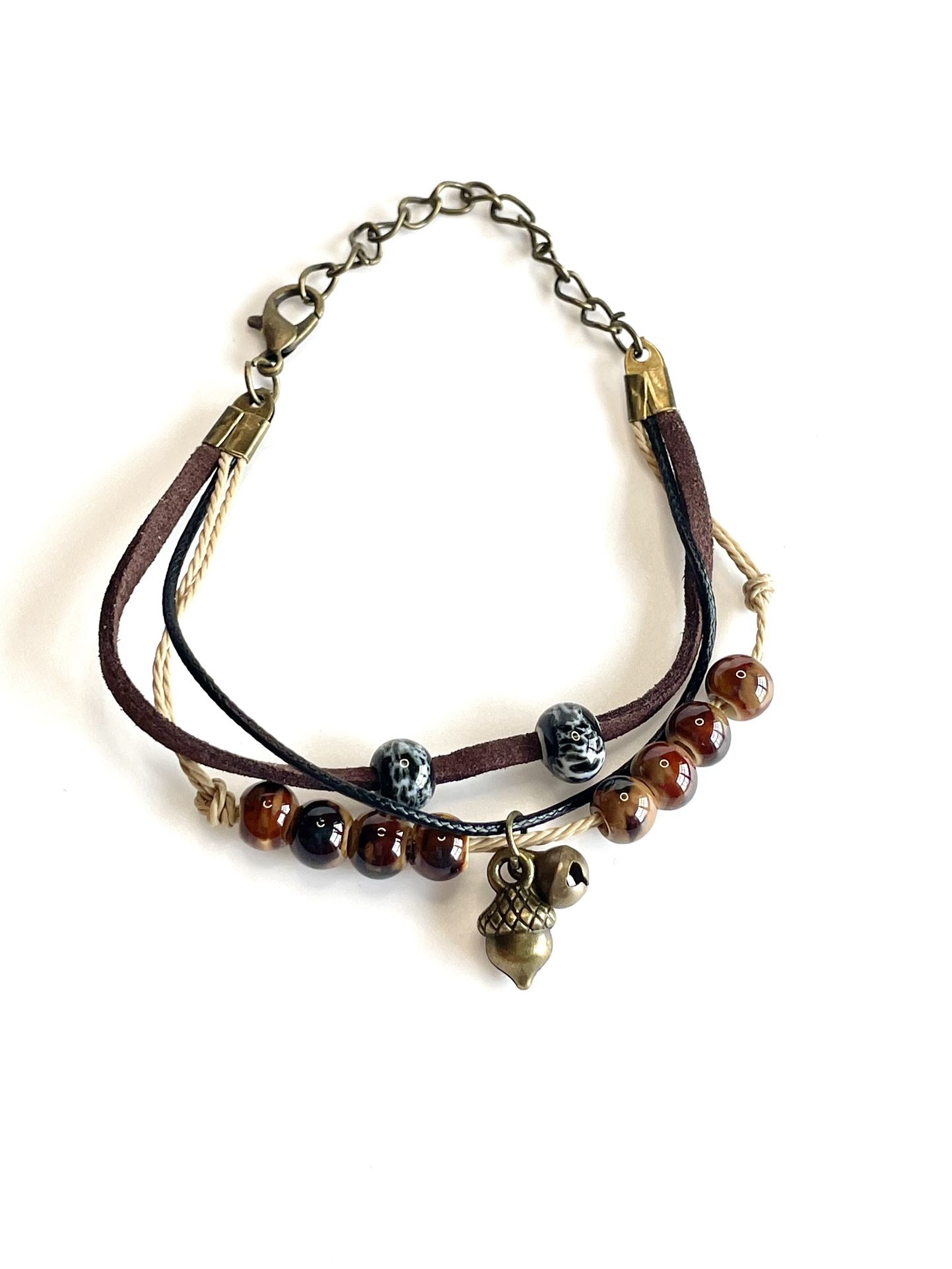 maroon red blue acorn bracelet swirled ceramic beads adjustable