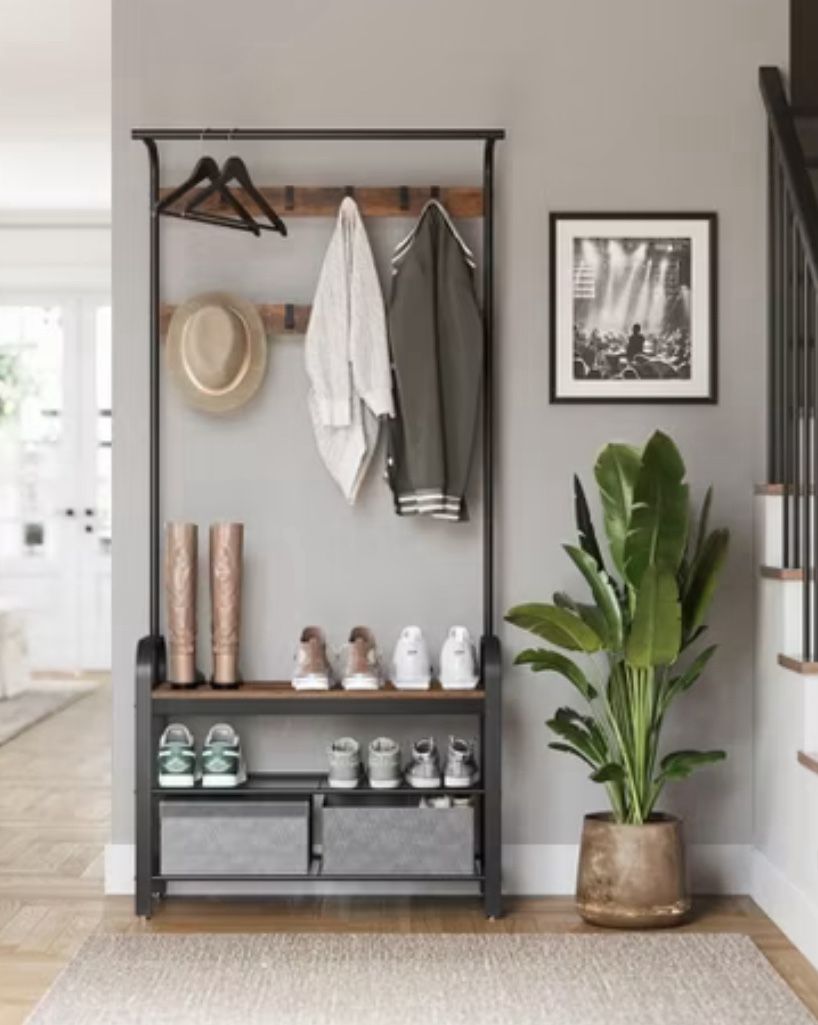 Rustic Coat Rack & Shoe Bench- Entryway Organizer