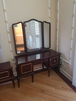 Antique cherry wood vanity mirror bedroom and 2 night stand from Europe