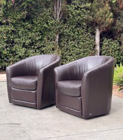 Natuzzi Leather Swivel Lounge Barrel Chairs (Pair) – Mid Century