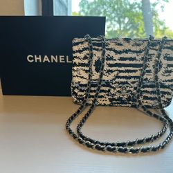 Black and White Sequin CC Logo and Black Lambskin 20cm Small Single Flap Bag Silver Hardware, 2024