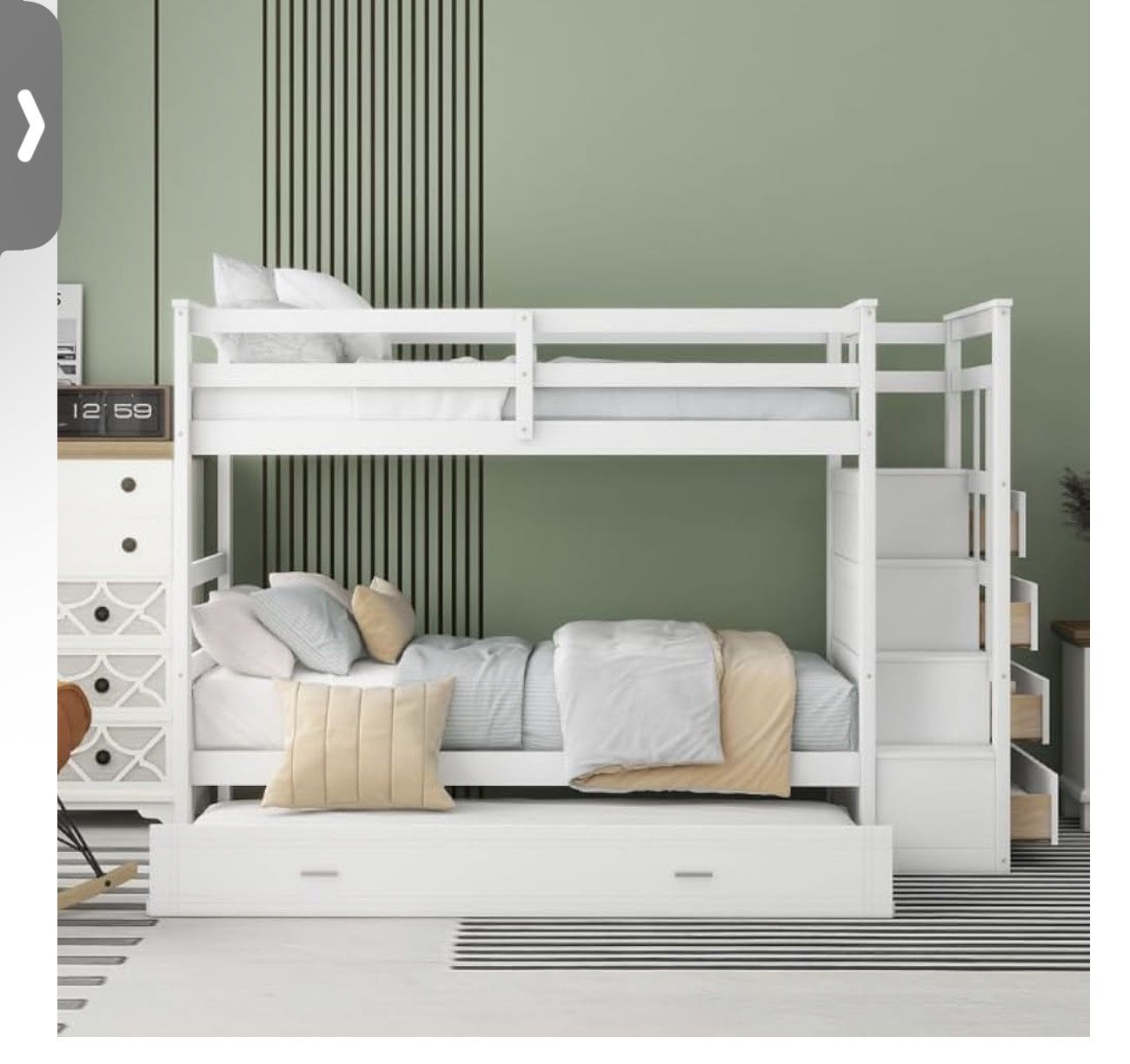 White bunk bed with trundle and stairs”
