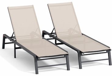 NEW 2 Adjustable Patio Chaise Lounge Chairs - Beige & Black - $180 FIRM