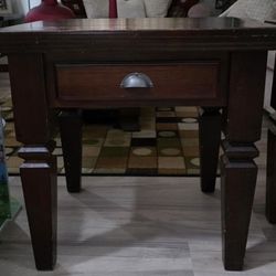 Dark Brown All Wood End Tables featuring A Single Drawer With Silver Pull Handle And Tapered Legs