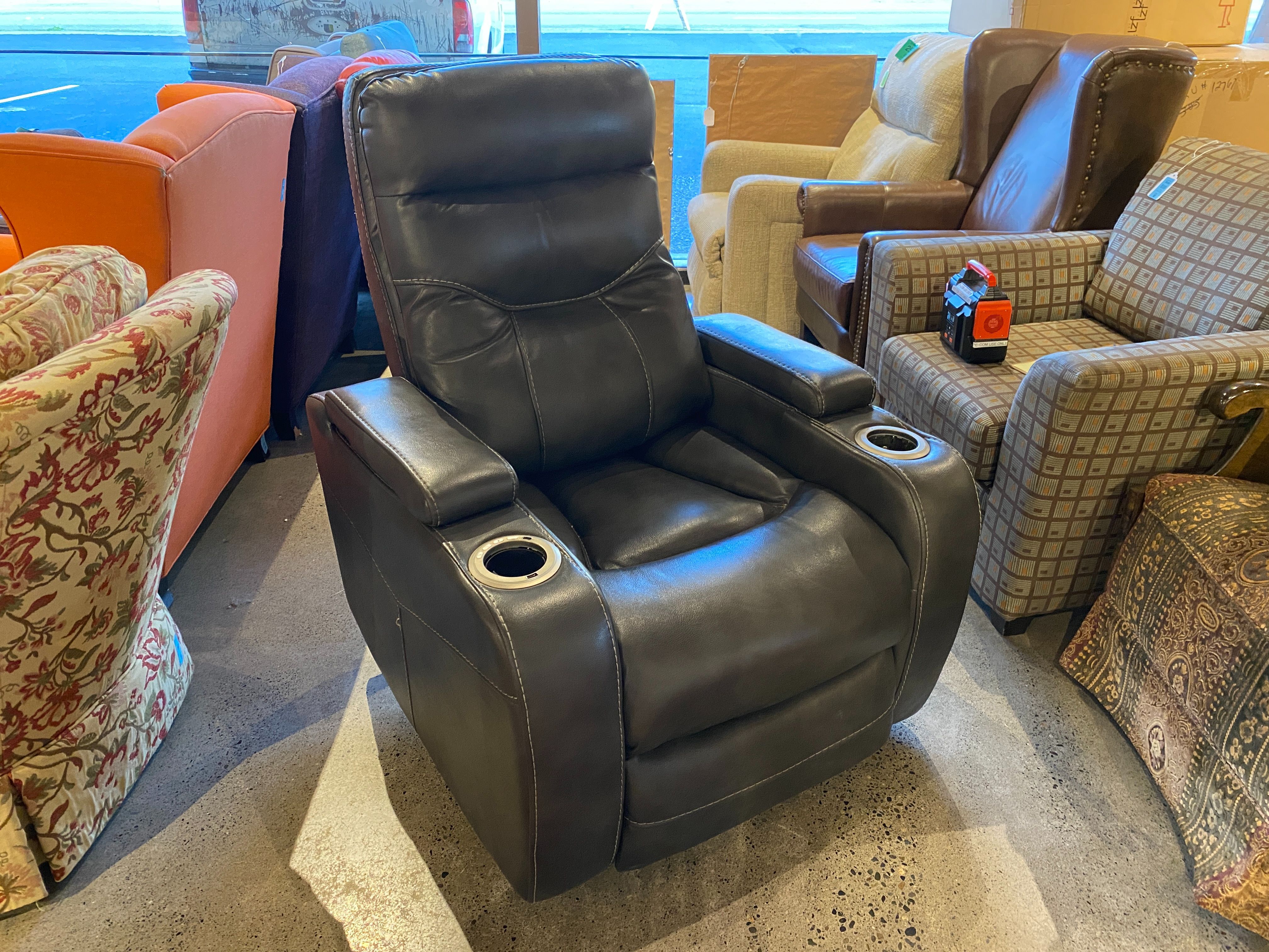 Black Leather Power Recliner with Arm Storage and Cupholders