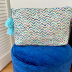 New Blue and white Lancôme makeup clutch bag with tassel
