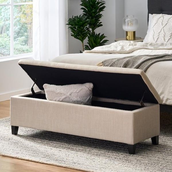 Beige Fabric Linen Ottoman Storage Bench