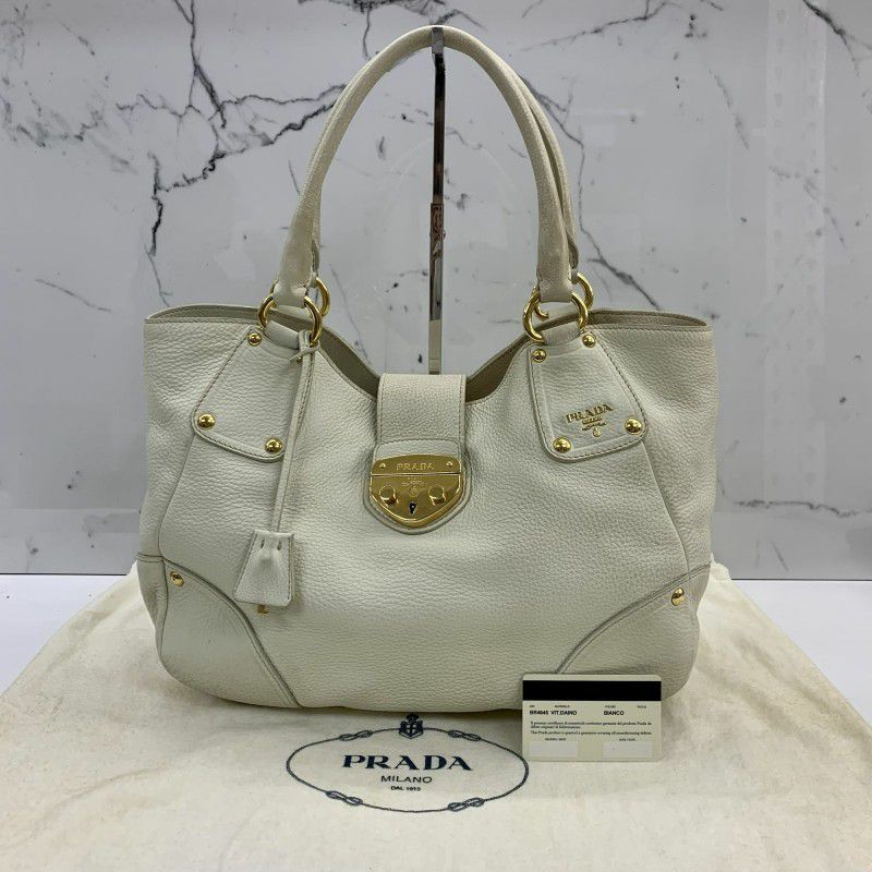 Prada Designer Cream Vitello Daino Leather Push Lock Large Antic Hobo Bag Purse Handbag