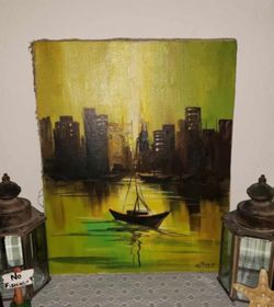 VINTAGE 20" NAUTICAL OCEAN SEA SAIL BOAT SHIP SIGNED CANVAS PAINTING PLAQUE PICTURE ART DECOR