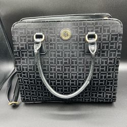 Tommy Hilfiger Black Gray Monogram Satchel Crossbody Bag Gold Hardware