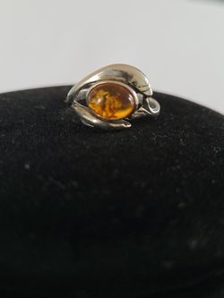 Dolphin Amber Cabochon Sterling Silver Ring Size 7.5