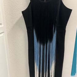 Frank Lyman Black Dress With Long Black, Blue White Fringe, Medium