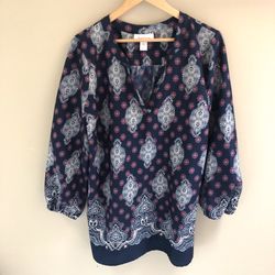 Motherhood Maternity Sz Large Patterned Tunic Navy - Blue, Pink, 3/4 Balloon Sleeve, Blouse