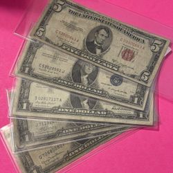 $5 Red Seal Note & Four $1 Silver Certificates