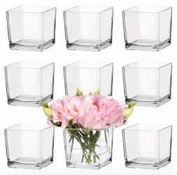 (B-92) CONNOO 9 Pack 4" x 4" x 4" Clear Square Glass Vase for Centerpieces Bulk Clear Flower Vases for Centerpieces, Square Glass Cube Vase for Weddin