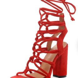 Shoe Land KYLER Women's Open Toe Lace Up Party Shoes Chunky Block Heeled Sandals Red 